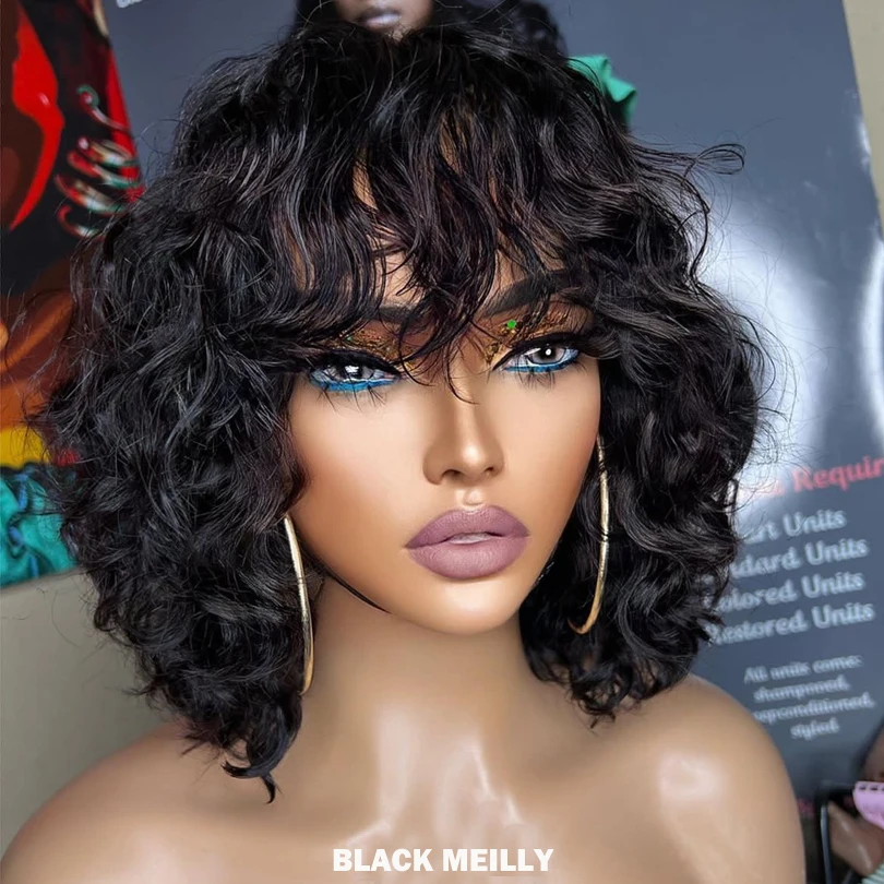 12inch 180 Density Silk Base Human Hair Wig with Bangs Short Curly Silk Base Closure Wigs For Women Glueless Loose Curly Wigs