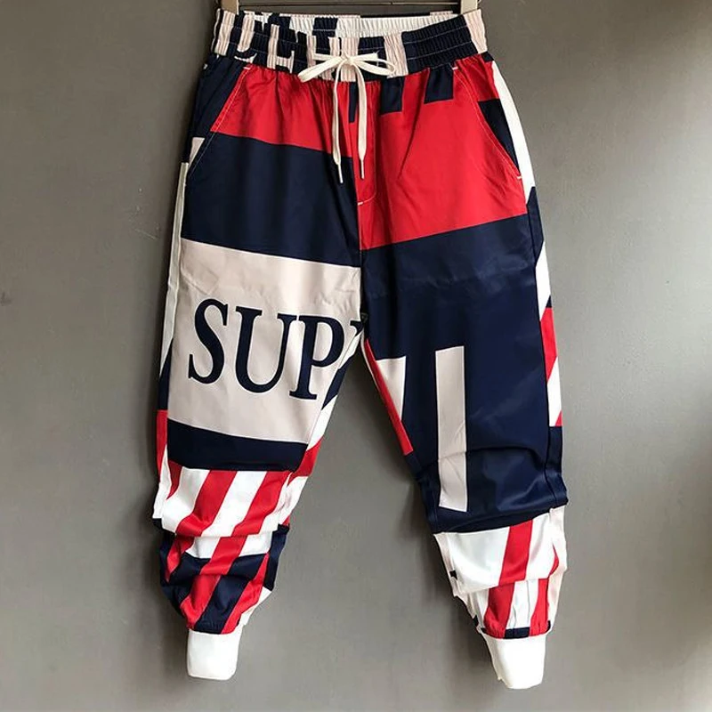Men Jogger Pants Loose Young Style Streetwear Elastic Waist Printing Patchwork Lacing Spring Summer