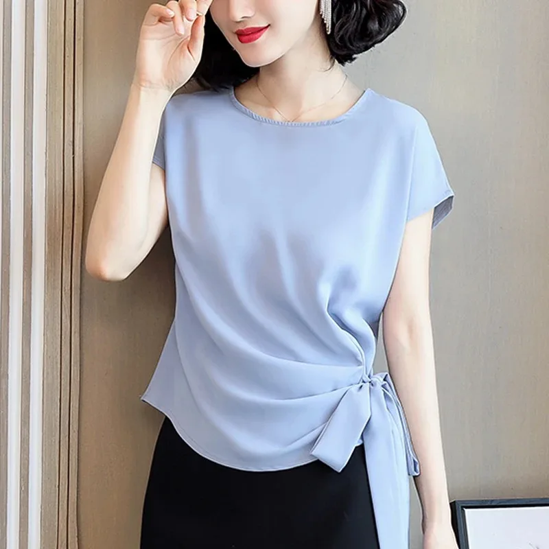 Women's Silk Short-Sleeved Blouse and Tops Green Bow Shirts Women's Clothing Office Lady New Summer 9899