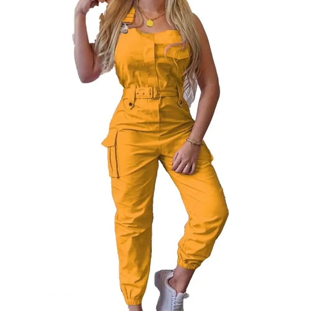 Women Cargo Jumpsuit Ankle Tied Shoulder Strap Women Outfit Sleeveless High Waist Pockets Romper Summer Women Overalls