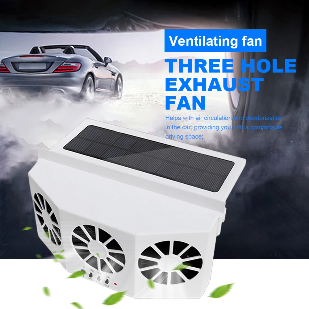 Car Window Mount Solar Power Cooling Fan - 3 Heads, 2 Speeds, Suction,Interior Cooler, Auto Air Vent Cooling System Radiator Fan