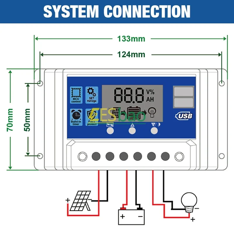 Solar Charge Controller 60A 12V/24V Voltage Regulator Solar Panel Photovoltaic Home with PWM Solar Charger LCD Display Dual USB