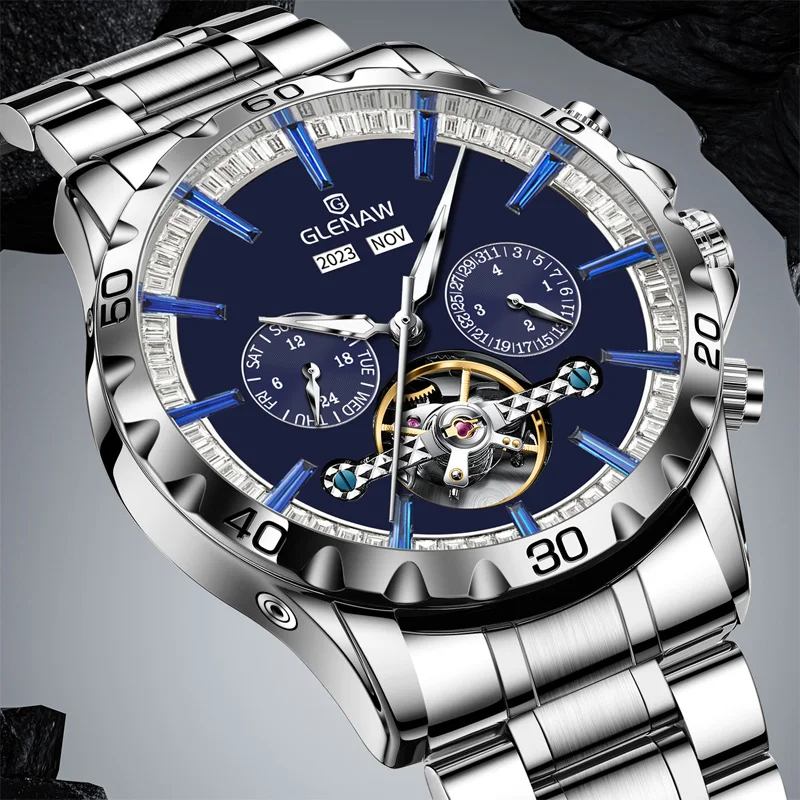 2024 GLENAW Men's Mechanical Watch Original Skeleton Waterproof Luminous Stainless steel Date Automatic Watch for Men Luxury