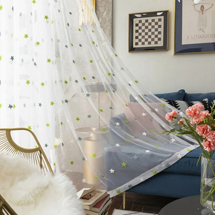 Green Mesh Towel Embroidery Star Window Screen Tulle For Living Room Children Cartoon Curtains Balcony Bedroom Sheer Drapes
