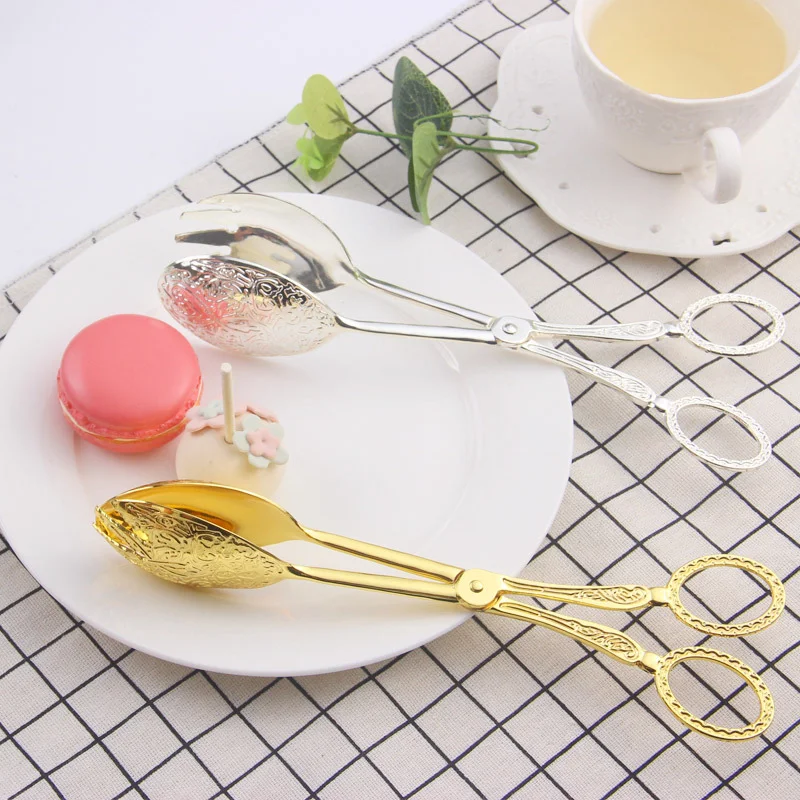 

Food Tong Gold-plated Snack Cake Clip Salad Bread Pastry Clamp Baking Barbecue Tool Fruit Salad Cake Clip Kitchen Utensils