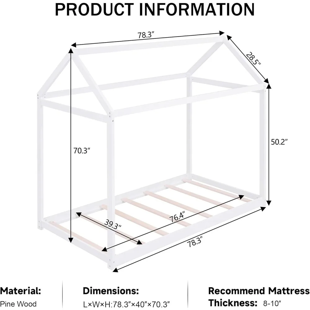 Wood House Bed,Floor Bed with Wood Slats,No Box Spring Needed, White 2