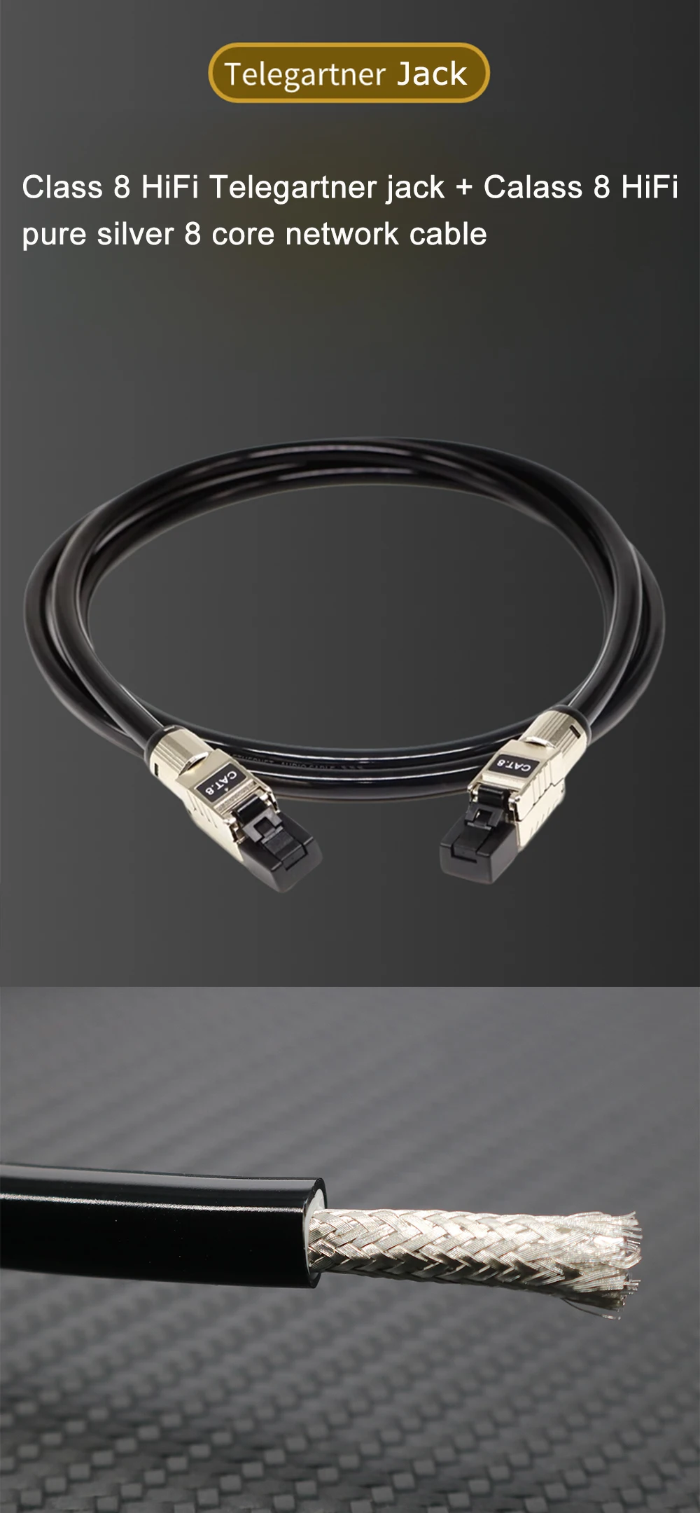 CAT.8 40Gbps Hochgeschwindigkeits-Netzwerkkabel RJ45 7mm 8-adrig 99,999% 5N Reines Silber 15AWG Doppelschicht Geflochtenes Folienabschirmkabel – Detail 11