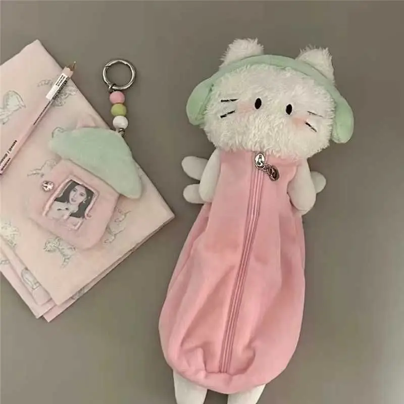 

Hellos Kittys Plush Stationery Bag KT Cat Wearing Earphones Pencil Case Cosmetic Bag School Supplies Anime Kawaii Students Gift