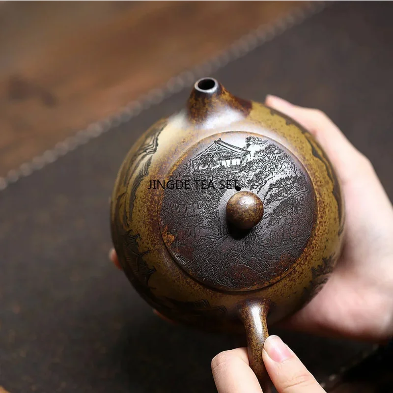Yixing Purple Clay Teapot Large Capacity Burnt Wood Dragon Bone Golden Sand Phoenix Joyful Stone Chinese style Tea Pot