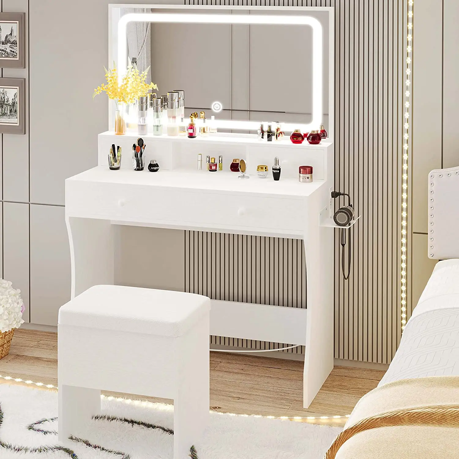 Vanity Desk with LED Lighted Mirror Power Outlet 4 Drawers Dressing Makeup Table Set with Storage Stool and Hair Dr LIKIMIO