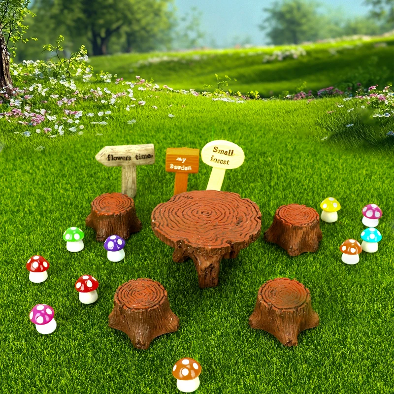 Mini Resin Fairy Garden Artificial Grass Fake Moss Mushrooms Wood Log Furniture Forest Path Signs for DIY Micro Landscape Decor