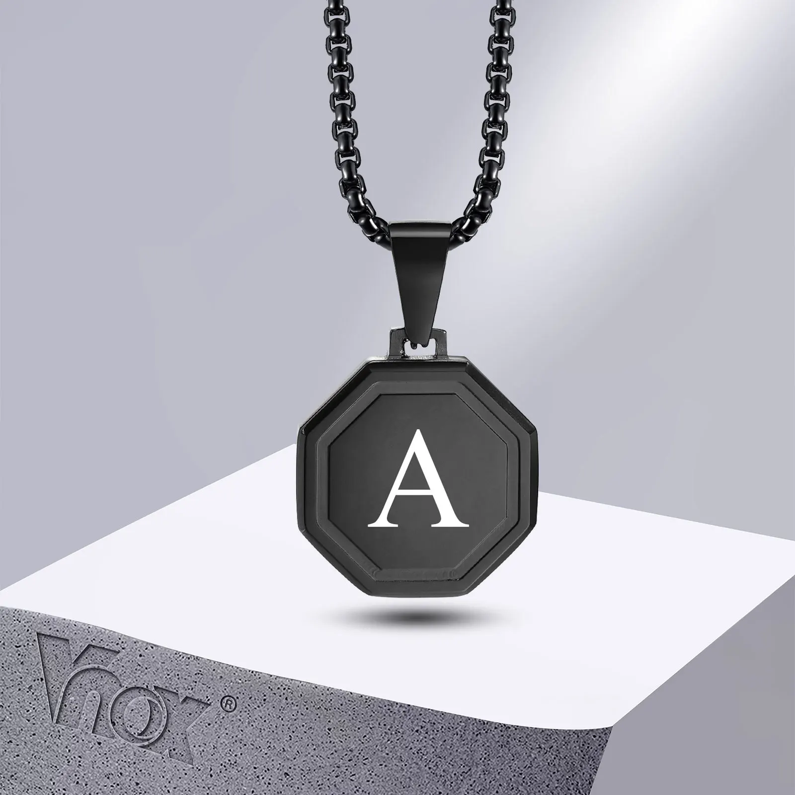Vnox A-Z Initial Necklaces for Men, Black Octagon Geometric