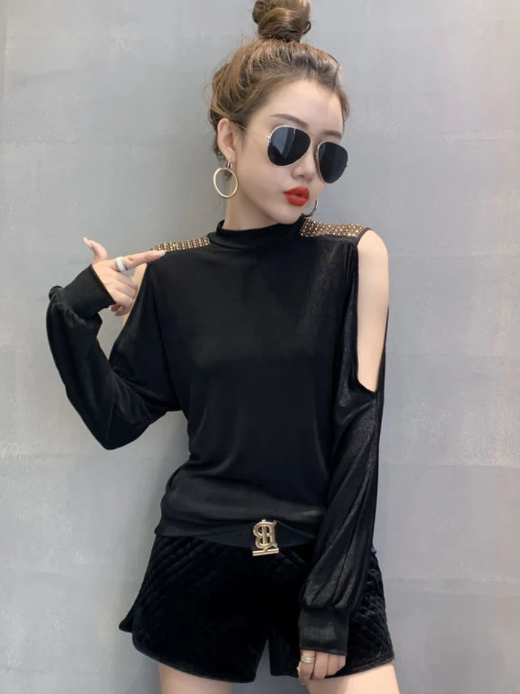 

Женская футболка с блестками и открытыми плечами, размеры Xxl