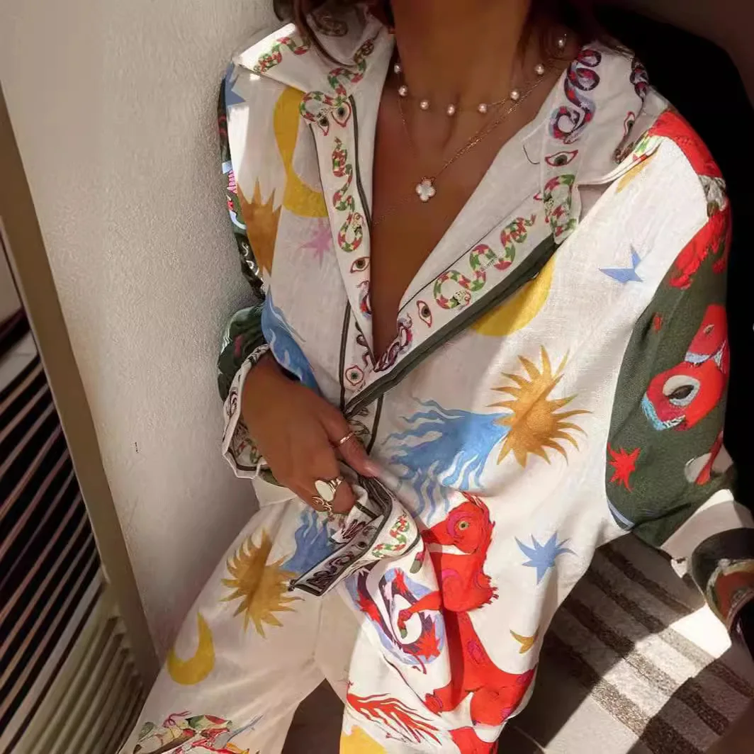 

Women Vacation Print 2pcs Suit Long Sleeve Tops Loose Long Pants Set Lady Spring Summer Hawaii Beach Casual Outfits 2024 NEW
