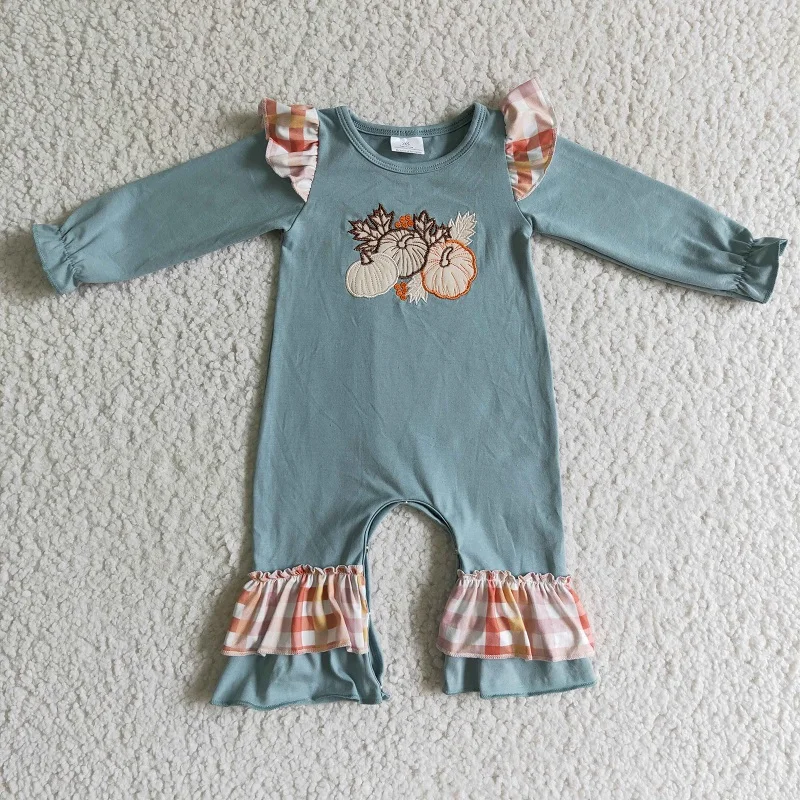 

Fall Wholesale Embroidery Pumpkin Newborn Baby Girl Snap Button Plaid Jumpsuit Toddle Thanksgiving Kid Children Ruffle Romper