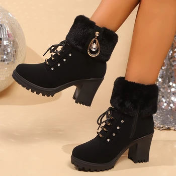 حجر الراين الصوف أعلى أحذية عالية الكعب الأزياء الخريف والشتاء نمط جديد سستة كبيرة الحجم الأحذية النسائية كعب سميك فارس الأحذية