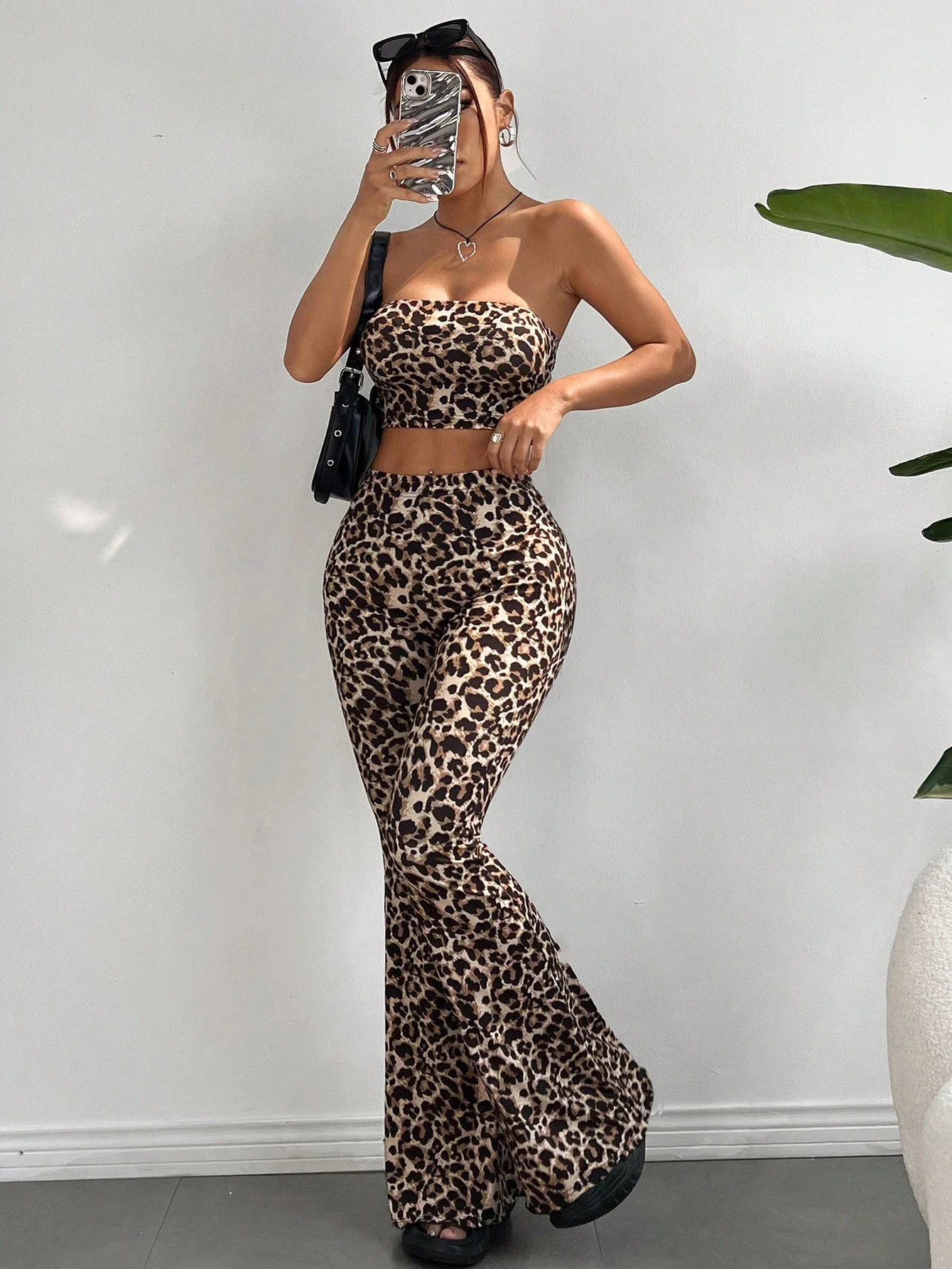 Leopard Print Slim Fit Crop Top & Flared Pants Set