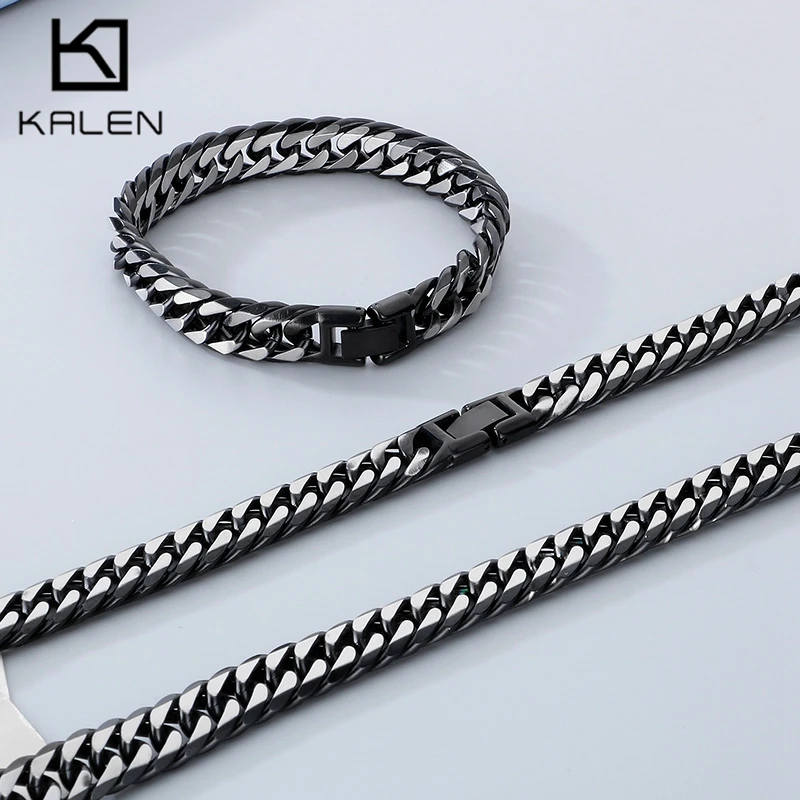 High Quality 12mm Wide Cuban Chain Bracelet Necklace for Men Creative Stainless Steel Two Tone Figaro Bracelet Men's Charm Gift