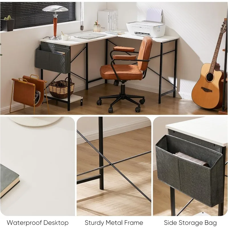 L Shaped Computer Desk - Gaming Corner 50 Inch PC White Writing Study Student Table with Wooden Desktop CPU Stand Side Bag 5