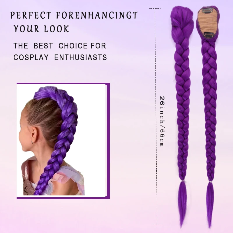 LUPU 26 Inch Long Purple Box Braided Extensions Synthetic Fiber for Roleplay Halloween Costume Easy to Clip for Tail Braid