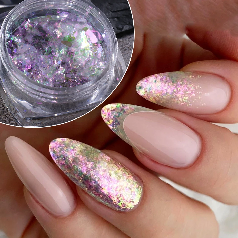 12 Grids Opal Chunky Glitter Powder Mixed Fire Flakes Mermaid Iridescent  Holographic Nail Sequins Flakes Pearl Shell Shimmer Glimmer for Nail Art