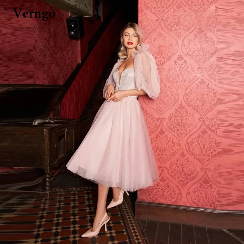 

Verngo Shiny Blush Pink Short Prom Dresses Puff Long Sleeves Tulle Boho Tea Length Party Gowns Lace Up Back Robe de mariage