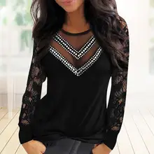 

Fashion Lace Mesh Diamonds Blouse Shirt V-Neck Tops Tee Casual Autumn Winter Ladies Female Women Long Sleeve Blusas Pullover
