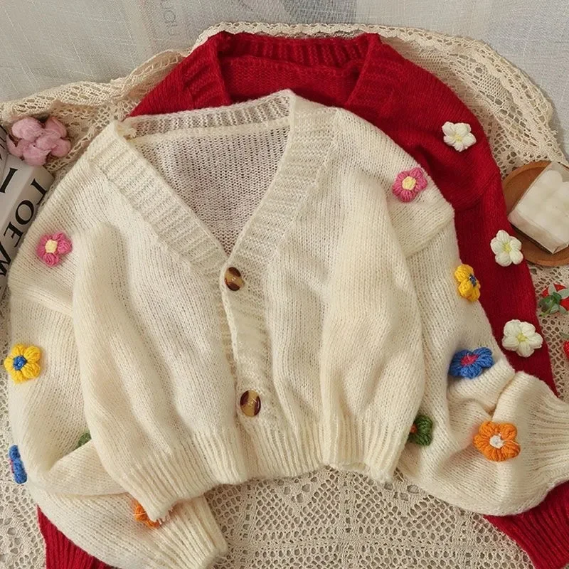 

Embroidered Flowers Women Cardigans Sweater Autumn Korean Chic V Neck Loose Crop Cardigan Y2K Sweet Long Sleeve Casual Sweaters