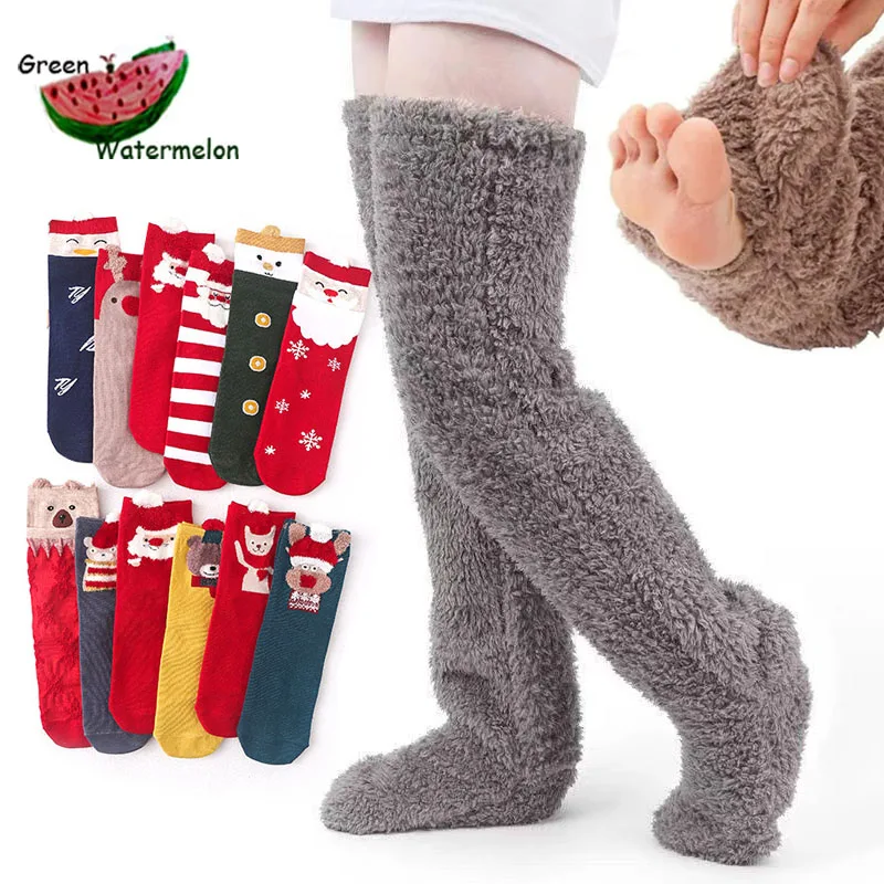 

Soild Stocking Women Winter Socks Over The Knee Sock Warm Socks Thick Fuzzy Leg Warmer Fluffy Coral Fleece Sleep Foot Warming