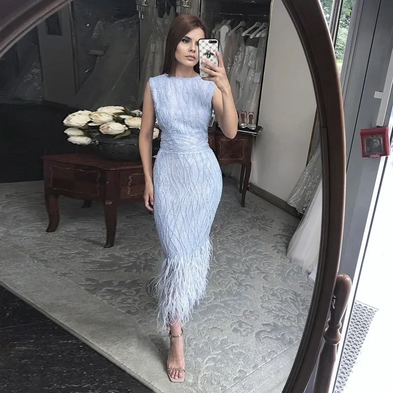 Classic Formal Sequin Feather Ball High Collar Long Dresses Cocktail Dresses Modern Style