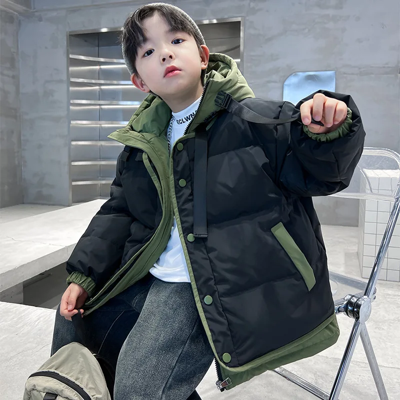 Winter Warm Boys Contrast Patchwork Cotton Lined Hooded Zip Jackets School Kids Thick Coats Children Outfits Windbreaker 5-16 Yr