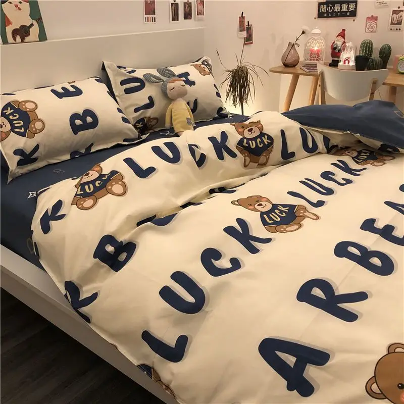 

Korean Style Luck Bear Bedding Set Girls Kids Twin Full Queen Size Bed Flat Sheet Duvet Cover Set Pillowcases Bed Linen Kawaii