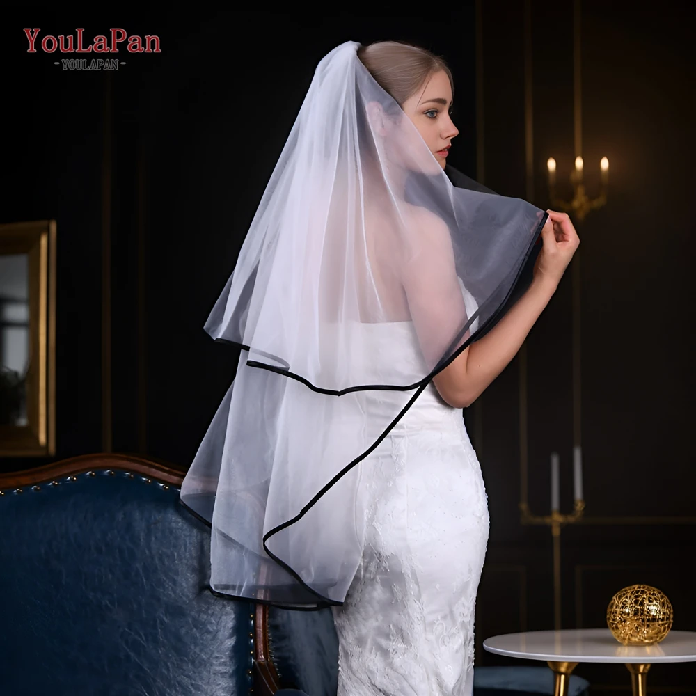 YouLaPan Double Wedding Veil with Hair Comb Ribbon Edge White Soft Tulle Bridal Veil High Quality Wedding Accessories V214 youlapan v122 wedding veil with face cover pearl petal veil wedding bridal veil 3d organza flowers edges elbow length veil