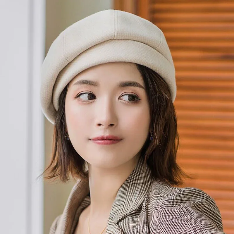 Women Wool Beret Foldable Japanese Caps Casual Female Cotton Hats Plaid Vintage Cap Warm Fashion Shade Tie-Dye Newsboy Caps