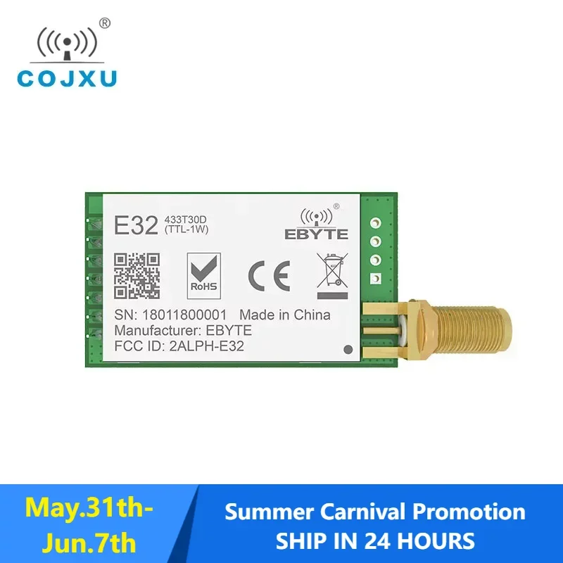 LoRa TXCO Long Range Transceiver RF sem fio, Módulo Transmissor, UART 433T30D, 8km, 433MHz, 1W, E32-433T30D-V8