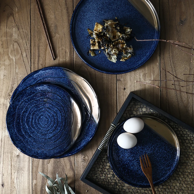 

8 /10 Inch Japanese Style Blue Color Glaze with Gold Paint Ceramic Dinner Plate Accent Plate