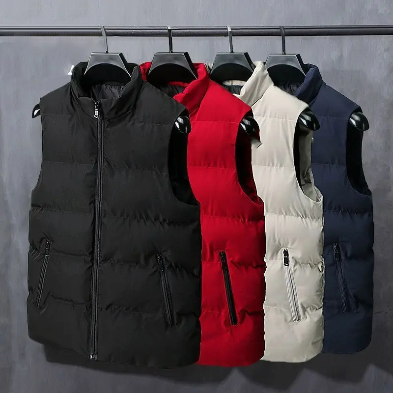 Autumn Winter Men's Handsome Simplicity Solid Color Sleeveless Down Coats Casual Zipper Pockets Thick Vest Male Clothes