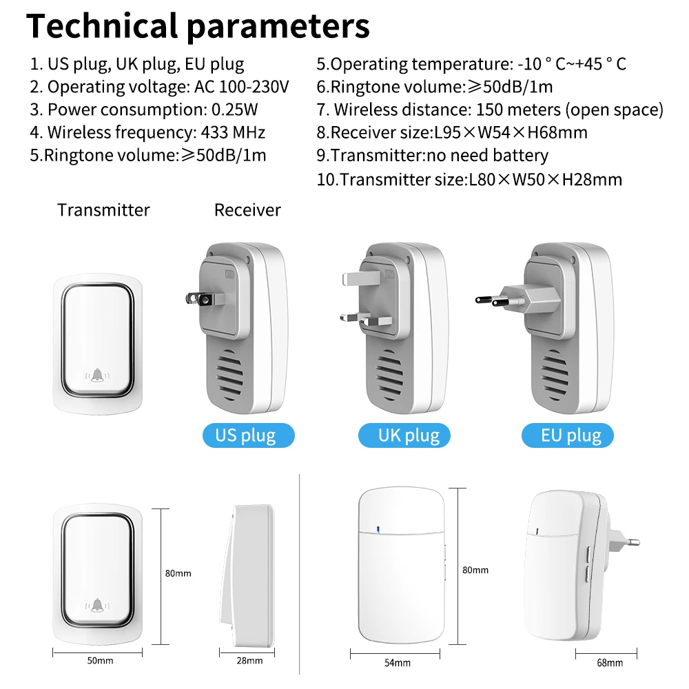 Qncx Draadloze Deurbel Zelfaangedreven Gong Deurbellen Geen Batterij Vereist Knop Thuis Welkom Outdoor Ding Dong Machine Us/Eu