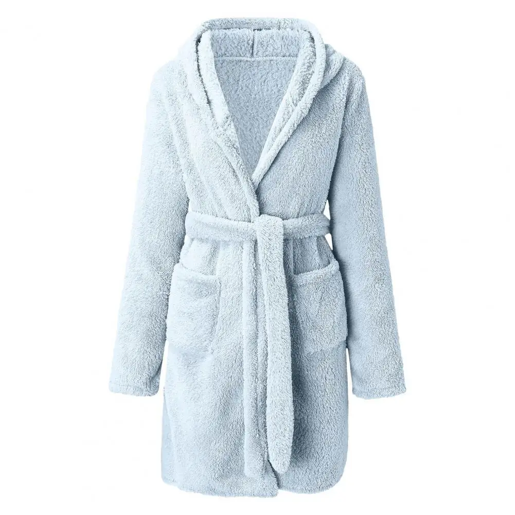 Tie waist nightgown Women's winter hooded nightgown robe set with pockets Plush flannel bathrobe for home sauna vacation