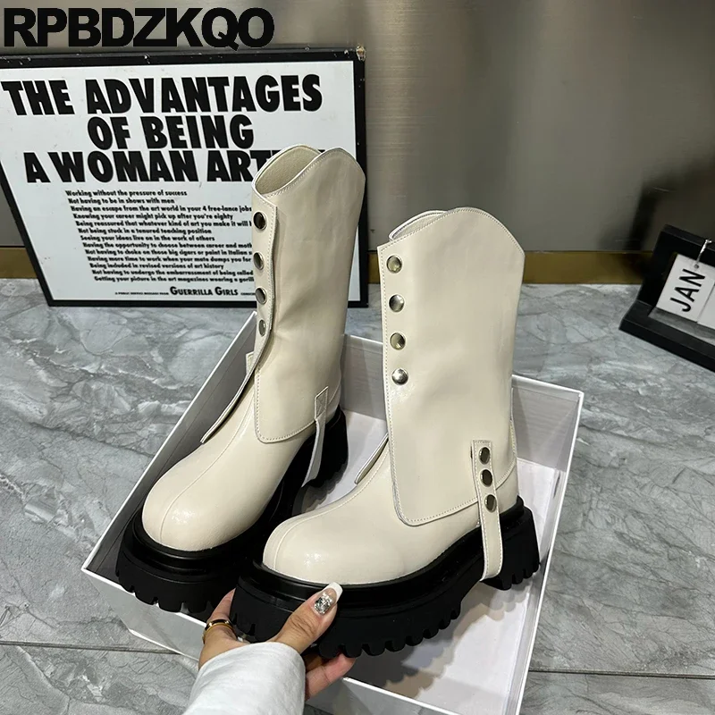 

Shoes Side Zip Medium Heel Chunky Metal Round Toe Removable Platform Women Detachable Boots Mid Calf Beige Unique Buckle Ankle