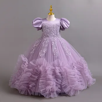 Girls Pearl Puff Sleeve Princess Dress 4-12 Years Old Fashionable Embroidered Puff Skirt Carnival Birthday Party Evening Dress 1