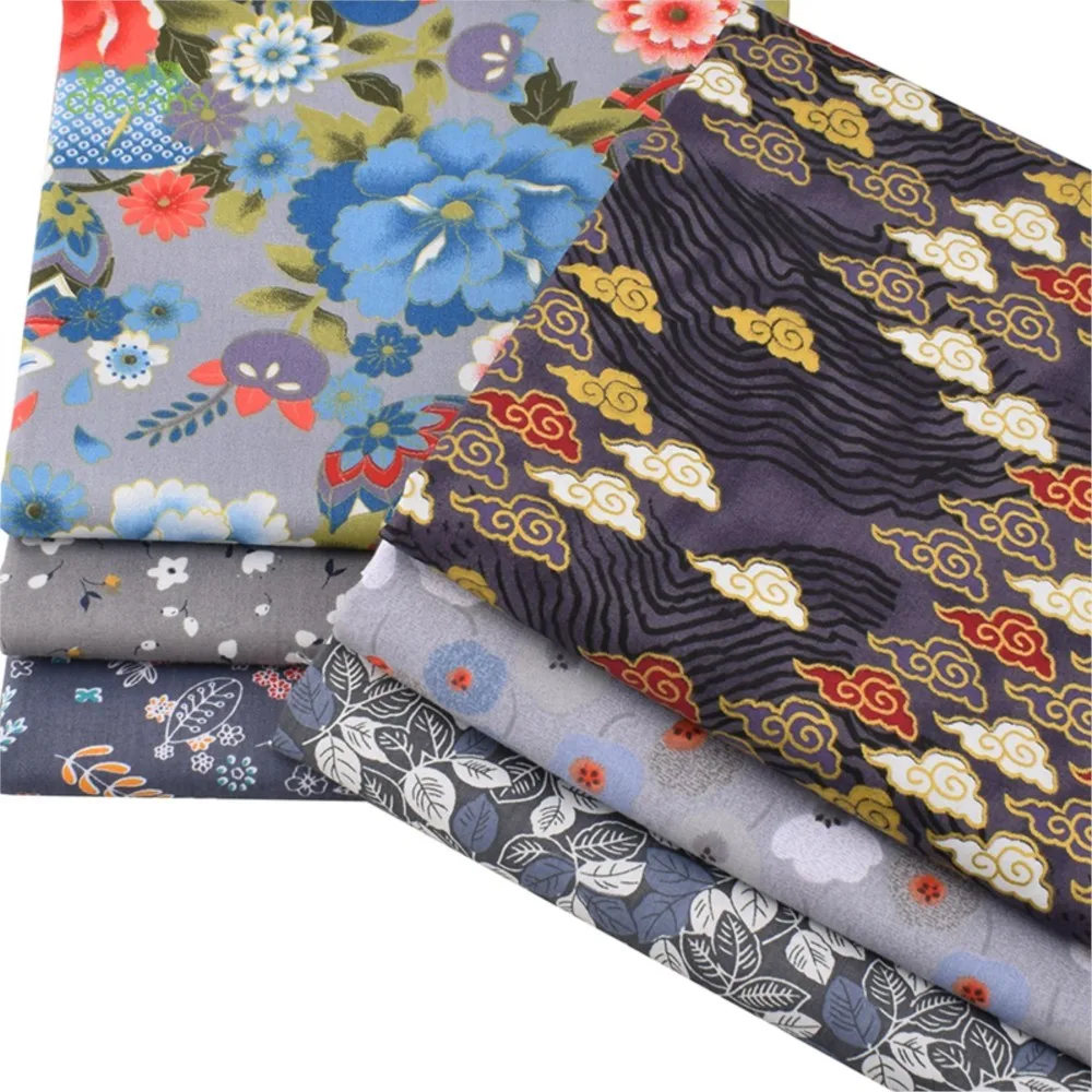 Chainho,Printed Twill Cotton Fabric,Patchwork Cloth,DIY Sewing Quilting Material,Dark Gray Floral Series,6 Designs,2 Sizes,15C9