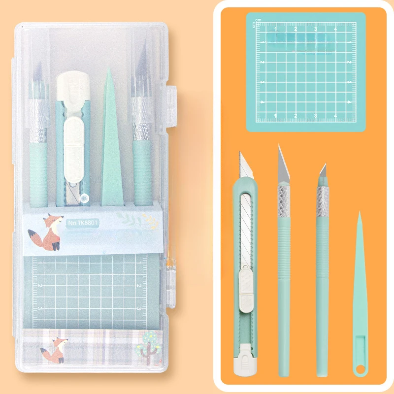 Knife cutting pad set Pen knife Carving knife utility Mint green cutting paper pad pointed tweezers tool