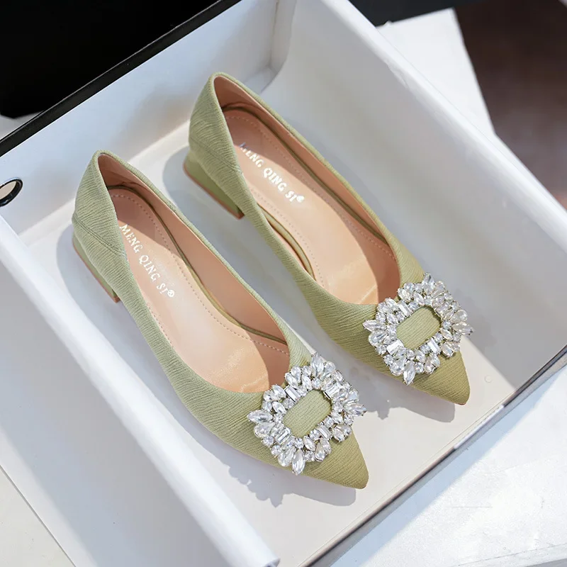 Zapatos de tacón grueso con hebilla cuadrada para mujer, calzado de trabajo, punta estrecha, diamantes de imitación, color negro, talla 32-43 - Image 6