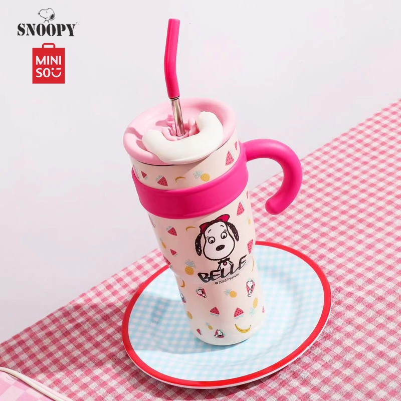 

Miniso Snoopy 1250 мл чашка для питья мультяшная кавайная большая емкость соломенная чашка с крышкой Изолированная чашка из нержавеющей стали с милым принтом
