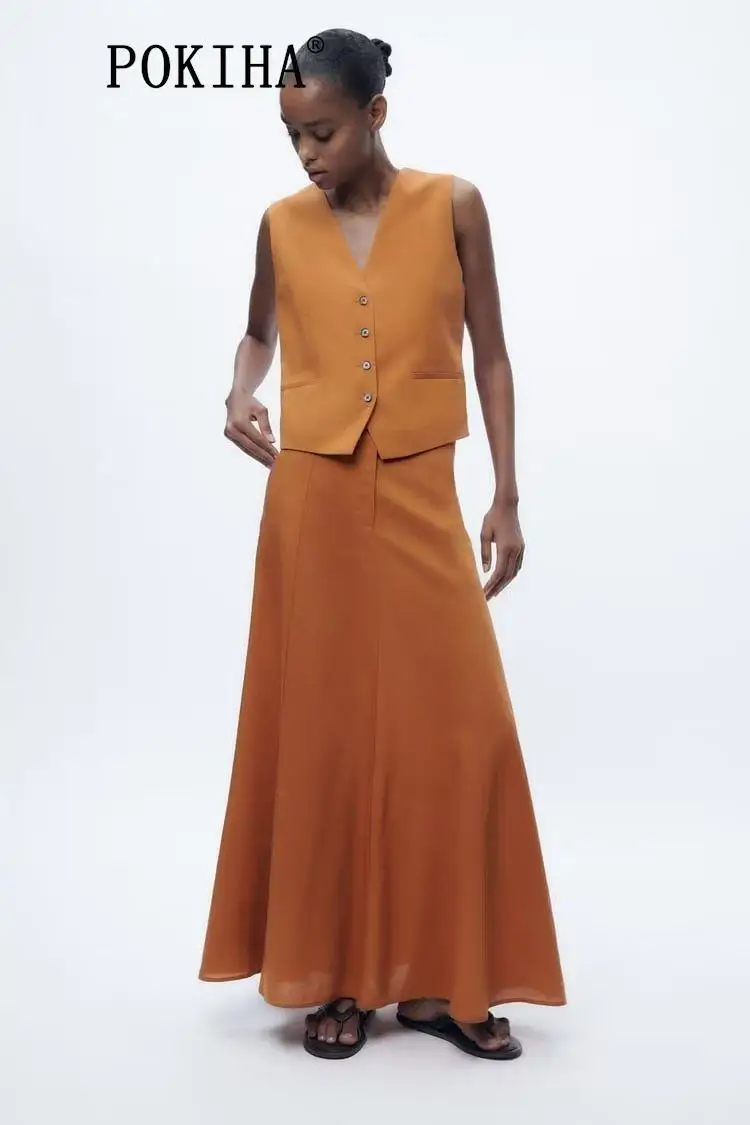 Pokiha Fashion Women Vintage Linen Front Buttons Cropped Waistcoat And Elegant Mid Waisted Midi Dress Female Chic Two_voghion.com