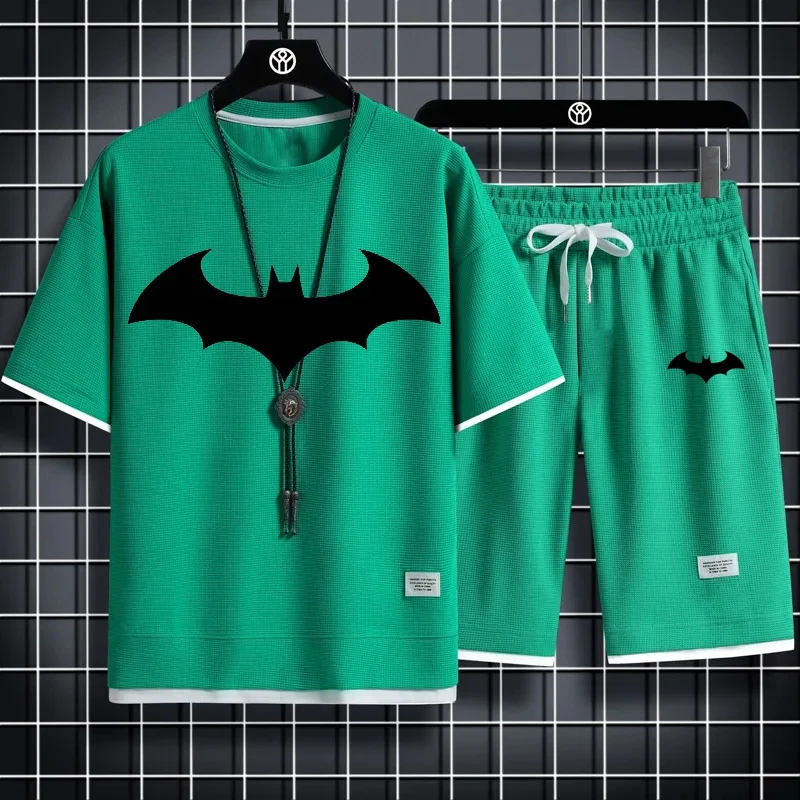 

Модный костюм из двух предметов в Корейском стиле с вафельным принтом, летняя футболка с коротким рукавом и шорты, свободные комплекты, Мужской Топ, дизайнерская одежда, спортивные костюмы