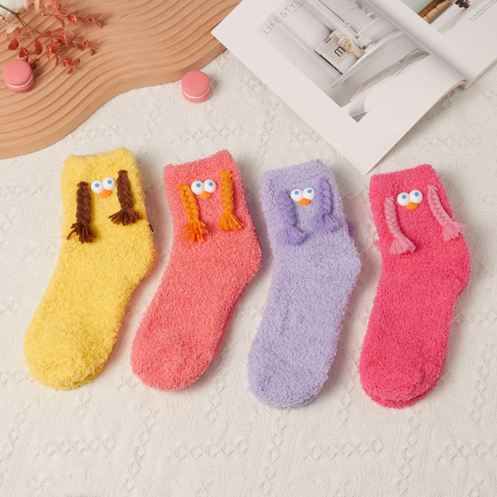 

Women Coral Fleece Socks Long Braids Big Eye Cartoon Doll Breathable Candy Color Lovely Socks Spring Fall Casual Mid-Calf Socks