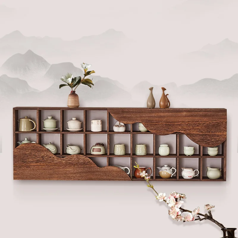 

solid wood antique frame tea cup holder Chinese style Duobao Ge wall mounted antique frame high mountain grid frame