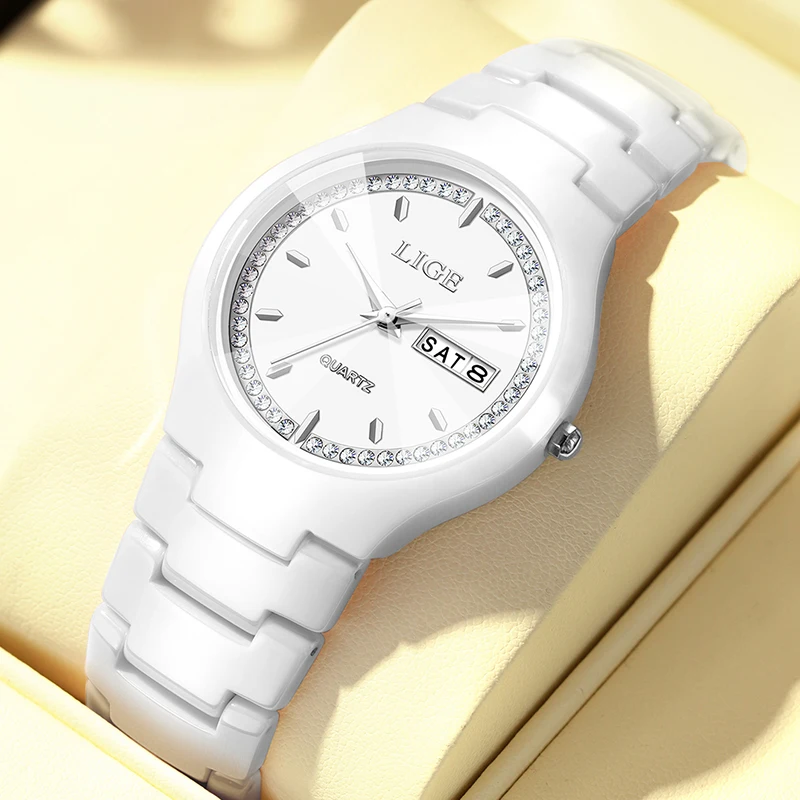 LIGE Fashion Waterproof Women's Watch Casual Elegant Simple Ceramic Quartz Silicone Watch Gift for Women Wristwatch Montre Femme